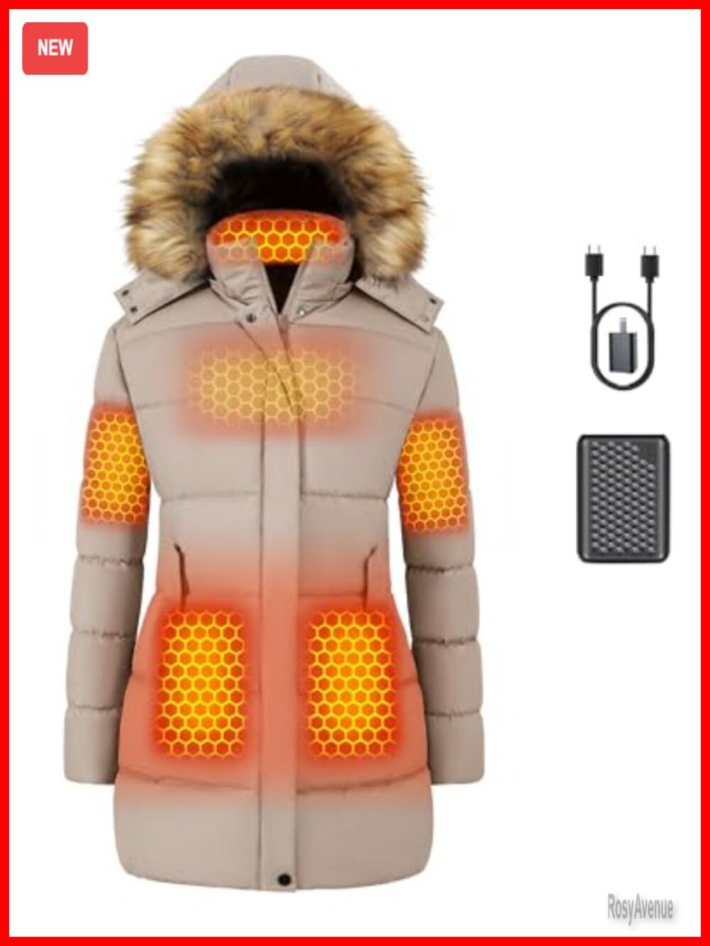 Graphene Heated Jacket 12V Fast Charge Quilted Hooded Winter Coat